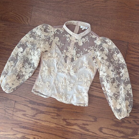 Sheer Mock Neck Long Sleeve Peach Floral Lace Top Built-in Cami Size Medium - Picture 7 of 14